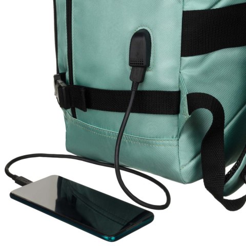 Dwukomorowy plecak podróżny w turkusowym kolorze z uchwytem na walizkę i portem USB - Peterson Dwukomorowy plecak podróżny w turkusowym kolorze z uchwytem na walizkę i portem USB - Peterson