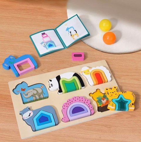 PUZZLE DREWNIANE KSZTAŁTY DOPASOWYWANIE EDUKACYJNE ZWIERZĘTA MONTESSORI