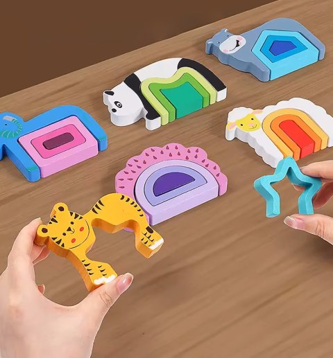 PUZZLE DREWNIANE KSZTAŁTY DOPASOWYWANIE EDUKACYJNE ZWIERZĘTA MONTESSORI