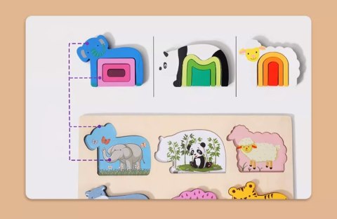 PUZZLE DREWNIANE KSZTAŁTY DOPASOWYWANIE EDUKACYJNE ZWIERZĘTA MONTESSORI
