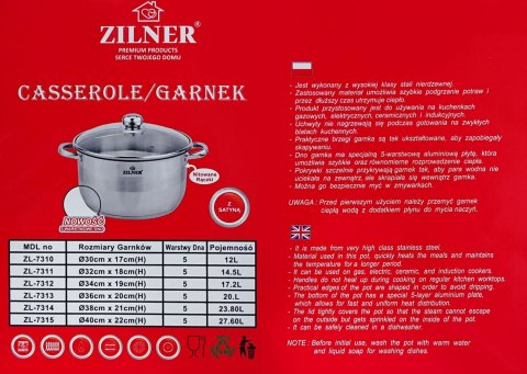 GARNEK STALOWY 19L 36cm DNO 5 WARSTWOWE ZILNER ZL-7313 GARNEK STALOWY 19L 36cm DNO 5 WARSTWOWE ZILNER ZL-7313