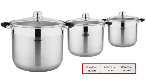ZESTAW 3 GARNKÓW STALOWYCH 11L 13.5L 16.2L STOCK POT ZILNER ZL-7362 ZESTAW 3 GARNKÓW STALOWYCH 11L 13.5L 16.2L STOCK POT ZILNER ZL-7362