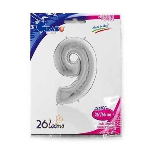 Balon Foliowy Cyfra 9, Srebrna, 66 cm Grabo Balon Foliowy Cyfra 9, Srebrna, 66 cm Grabo