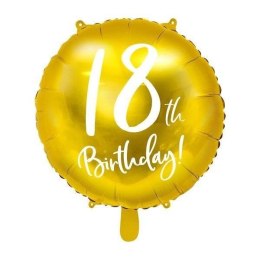 Balon foliowy, okrągły '18th Birthday' - Na 18 urodziny, złoty, 45 cm