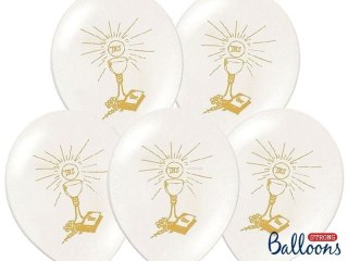 Balony lateksowe IHS I Komunia Święta, Białe Pastelowe, 27cm (1 op. / 6 szt.)