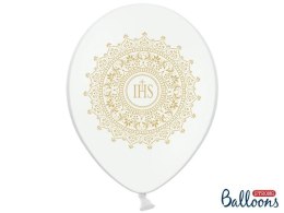 Balony lateksowe IHS na Komunię Świętą, 30cm, Białe Metaliczne (1 op. / 6 szt.)