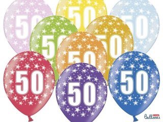 Balony lateksowe z Cyfrą '50', 30cm, Metaliczne, mix różne kolory (1 op. / 6 szt.)