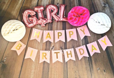 Girlanda urodzinowa Happy Birthday Różowa, złoty napis, 16cm Girlanda urodzinowa Happy Birthday Różowa, złoty napis, 16cm