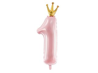 Balon foliowy Cyfra 1 z koroną, jasny różowy, 90cm