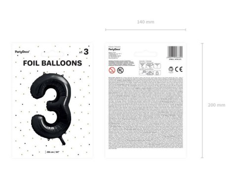 Balon foliowy Cyfra 3 czarna, 86cm Balon foliowy Cyfra 3 czarna, 86cm