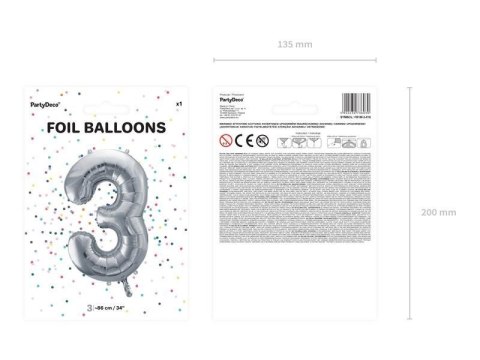Balon foliowy Cyfra 3 srebrna, 86cm Balon foliowy Cyfra 3 srebrna, 86cm