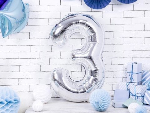 Balon foliowy Cyfra 3 srebrna, 86cm Balon foliowy Cyfra 3 srebrna, 86cm