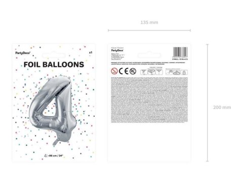 Balon foliowy Cyfra 4 srebrna, 86cm Balon foliowy Cyfra 4 srebrna, 86cm