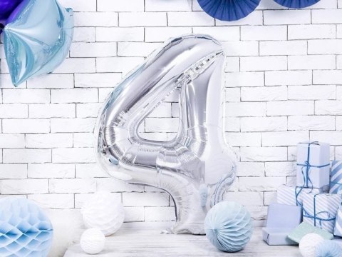 Balon foliowy Cyfra 4 srebrna, 86cm Balon foliowy Cyfra 4 srebrna, 86cm