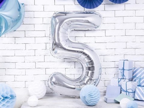 Balon foliowy Cyfra 5 srebrna, 86cm Balon foliowy Cyfra 5 srebrna, 86cm