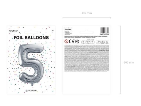 Balon foliowy Cyfra 5 srebrna, 86cm Balon foliowy Cyfra 5 srebrna, 86cm