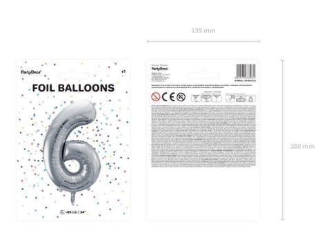 Balon foliowy Cyfra 6 srebrna, 86cm Balon foliowy Cyfra 6 srebrna, 86cm