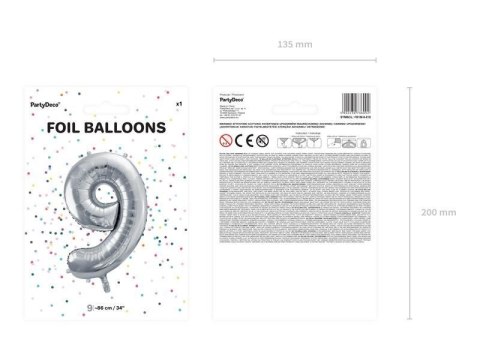 Balon foliowy Cyfra 9 srebrna, 86cm Balon foliowy Cyfra 9 srebrna, 86cm