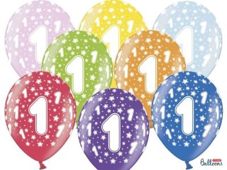 Balony lateksowe z nadrukiem '1' na roczek, Metaliczne Mix, 6 szt.