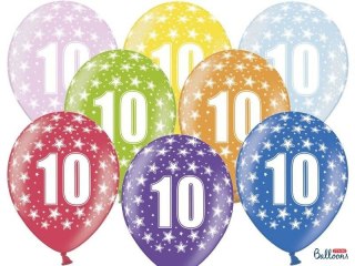 Balony lateksowe z nadrukiem '10' na urodziny, Metaliczne Mix, 30cm, 6 szt.