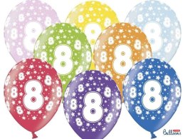 Balony lateksowe z nadrukiem '8' na urodziny, Metaliczne Mix, 30cm, 6 szt.