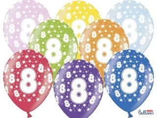 Balony lateksowe z nadrukiem '8' na urodziny, Metaliczne Mix, 30cm, 6 szt.