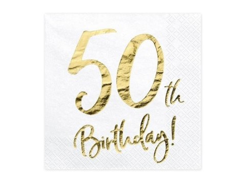 Serwetki '50th Birthday' na 50 urodziny, białe, 33x33cm (1 op. / 20 szt.) Serwetki '50th Birthday' na 50 urodziny, białe, 33x33cm (1 op. / 20 szt.)