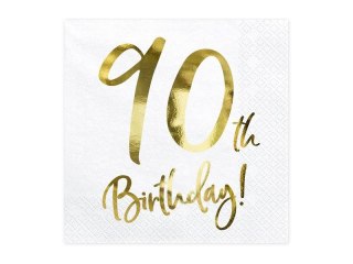 Serwetki '90th Birthday' na 90 urodziny, białe, 33x33cm (1 op. / 20 szt.)