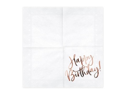 Serwetki urodzinowe, Happy Birthday, białe z napisem Rose Gold, 33 x 33 cm Serwetki urodzinowe, Happy Birthday, białe z napisem Rose Gold, 33 x 33 cm