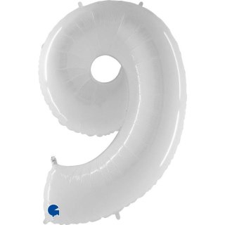 Balon Foliowy Cyfra 9, Biała Shiny 102cm Grabo