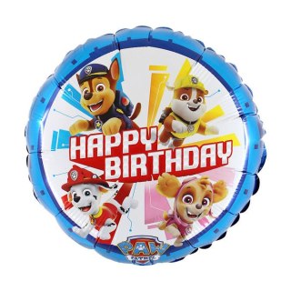 Balon foliowy Psi Patrol okrągły niebieski, Happy Birthday 46 cm