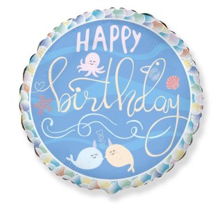 Balon urodzinowy okrągły Happy Birthday narwal morski świat 46cm