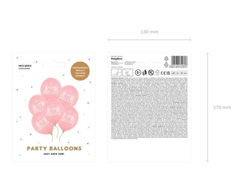 Balony Różowe urodzinowe, Happy Birthday 30cm, 6 szt.