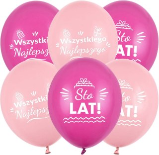 Balony lateksowe urodzinowe Sto Lat, różowe, 30cm, 10 szt.