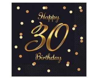 Serwetki urodzinowe Happy 30 Birthday czarne, 33 cm 20 sztuk