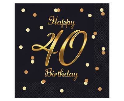 Serwetki urodzinowe Happy 40 Birthday czarne, 33 cm 20 sztuk Serwetki urodzinowe Happy 40 Birthday czarne, 33 cm 20 sztuk