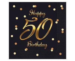Serwetki urodzinowe Happy 50 Birthday czarne, 33 cm 20 sztuk