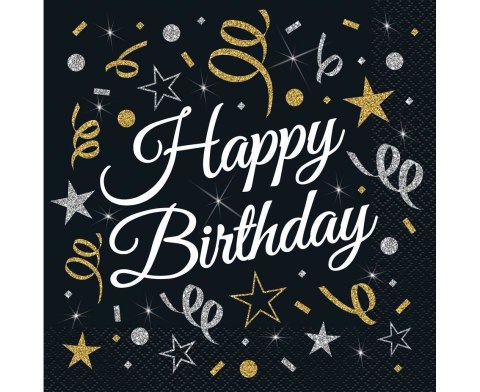Serwetki urodzinowe Happy Birthday czarne, 33 cm 20 sztuk Serwetki urodzinowe Happy Birthday czarne, 33 cm 20 sztuk