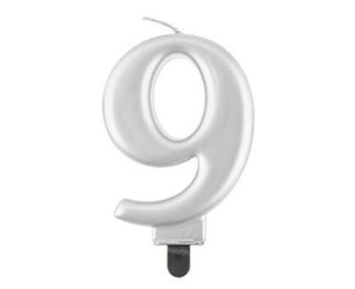 Świeczka cyferka 9, metalik srebrna 8 cm