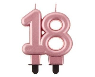 Świeczka liczba 18 urodziny, metalik różowo-złota, 8 cm