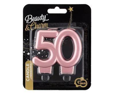 Świeczka liczba 50 urodziny, metalik różowo-złota, 8 cm Świeczka liczba 50 urodziny, metalik różowo-złota, 8 cm