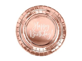 Talerzyki okrągłe Happy Birthday, różowe złoto, 18 cm, 6 sztuk