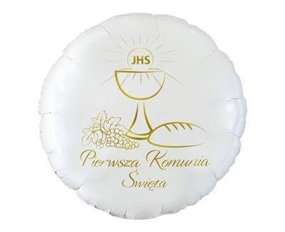 Balon foliowy okrągły Pierwsza Komunia Święta (kielich), 46 cm Balon foliowy okrągły Pierwsza Komunia Święta (kielich), 46 cm