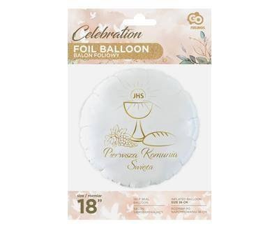 Balon foliowy okrągły Pierwsza Komunia Święta (kielich), 46 cm Balon foliowy okrągły Pierwsza Komunia Święta (kielich), 46 cm