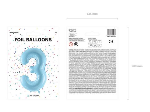 Balon foliowy Cyfra 3, 86cm, jasny niebieski Balon foliowy Cyfra 3, 86cm, jasny niebieski