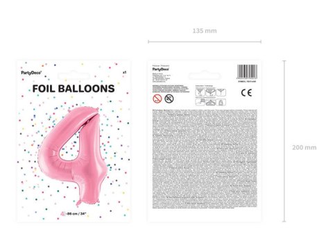 Balon foliowy Cyfra 4, 86cm, różowy Balon foliowy Cyfra 4, 86cm, różowy