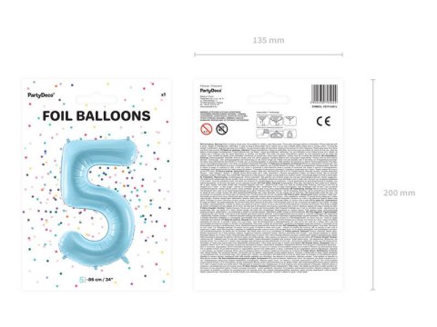Balon foliowy Cyfra 5, 86cm, jasny niebieski Balon foliowy Cyfra 5, 86cm, jasny niebieski