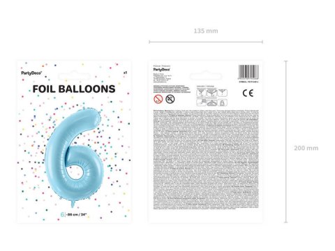 Balon foliowy Cyfra 6, 86cm, jasny niebieski Balon foliowy Cyfra 6, 86cm, jasny niebieski