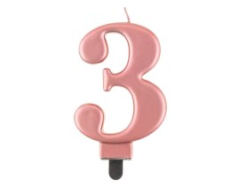 Świeczka cyferka 3, metalik Rose Gold, 8 cm