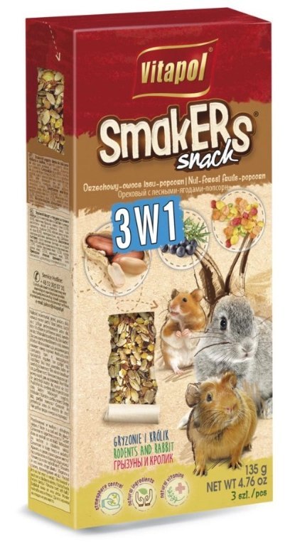 Vitapol Smakers 3w1 Dla Gryzoni I Królika (Orzechowy/Owoce Lasu/Popcorn) 3szt Vitapol Smakers 3w1 Dla Gryzoni I Królika (Orzechowy/Owoce Lasu/Popcorn) 3szt